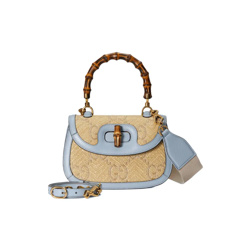 GUCCI Bamboo 1947 Raffia With Leather Shoulder Bag Crossbody Bag Handbag Small Size Women's Light Blue/Beige-3