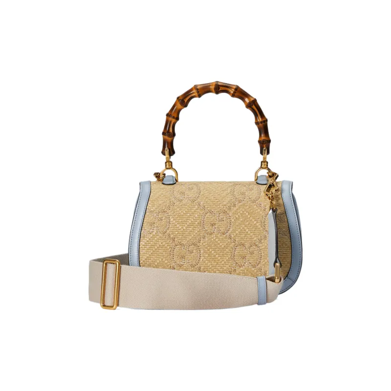 GUCCI Bamboo 1947 Raffia With Leather Shoulder Bag Crossbody Bag Handbag Small Size Women's Light Blue/Beige-4
