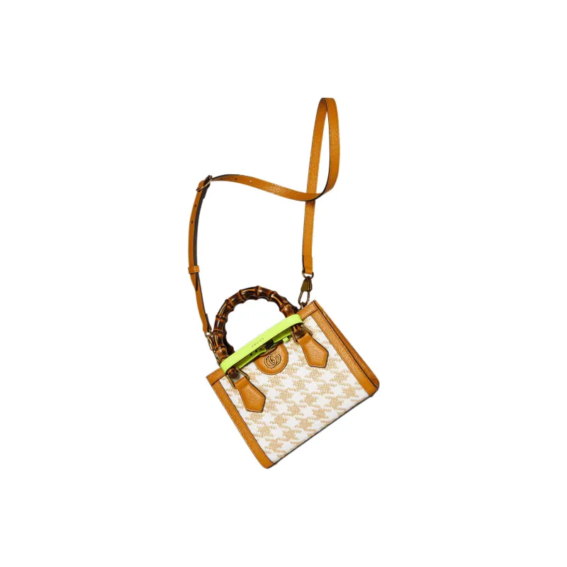 GUCCI Diana Raffia With Leather Trim Tote Bag Shopping Bag Shoulder Bag Crossbody Bag Handbag Mini Women's Beige/Orange-9