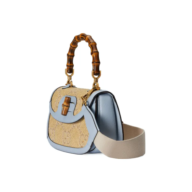 GUCCI Bamboo 1947 Raffia With Leather Shoulder Bag Crossbody Bag Handbag Small Size Women's Light Blue/Beige-1