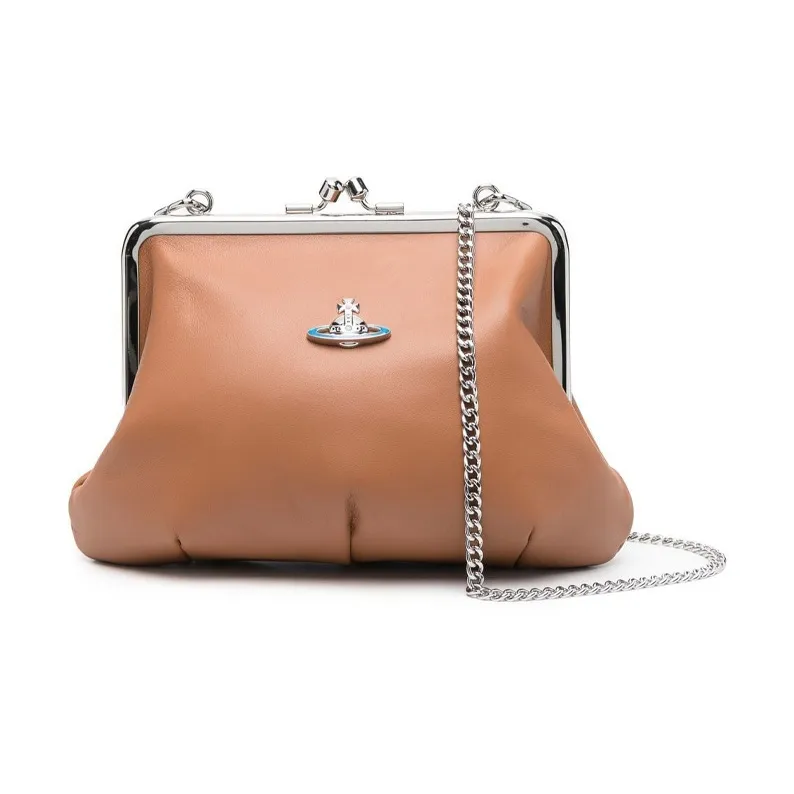 Vivienne Westwood Lambskin Dumpling Bag One Shoulder Crossbody Portable Wallet Women's Brown-3