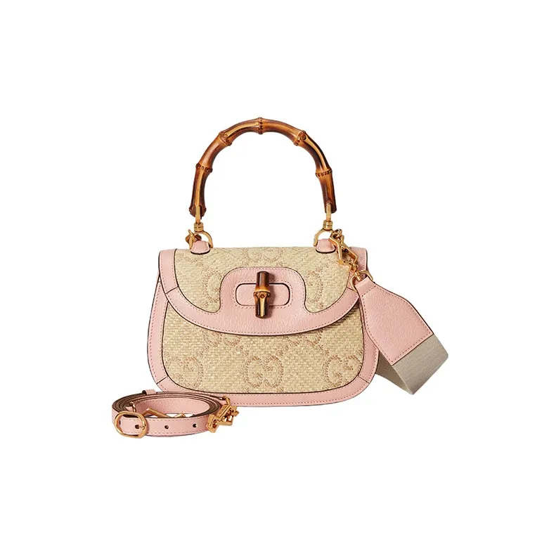 GUCCI Bamboo 1947 Raffia With Leather Shoulder Bag Crossbody Bag Handbag Small Size Women's Pink/Beige-1