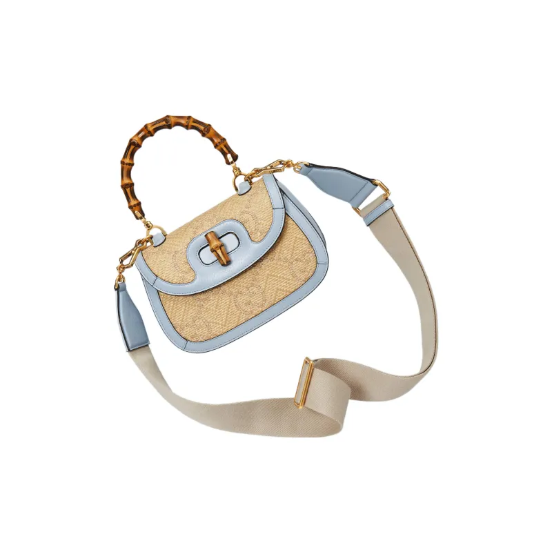 GUCCI Bamboo 1947 Raffia With Leather Shoulder Bag Crossbody Bag Handbag Small Size Women's Light Blue/Beige-2