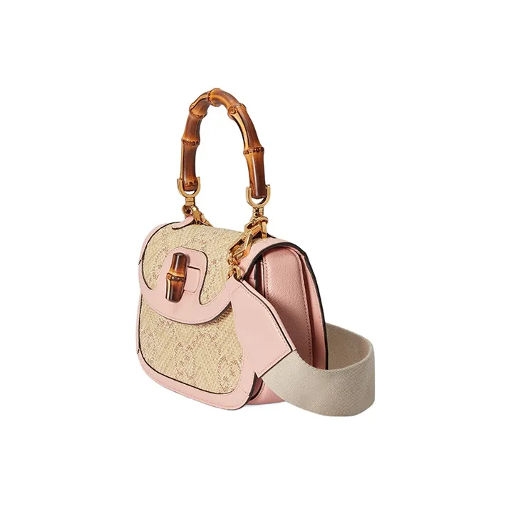 GUCCI Bamboo 1947 Raffia With Leather Shoulder Bag Crossbody Bag Handbag Small Size Women's Pink/Beige-2