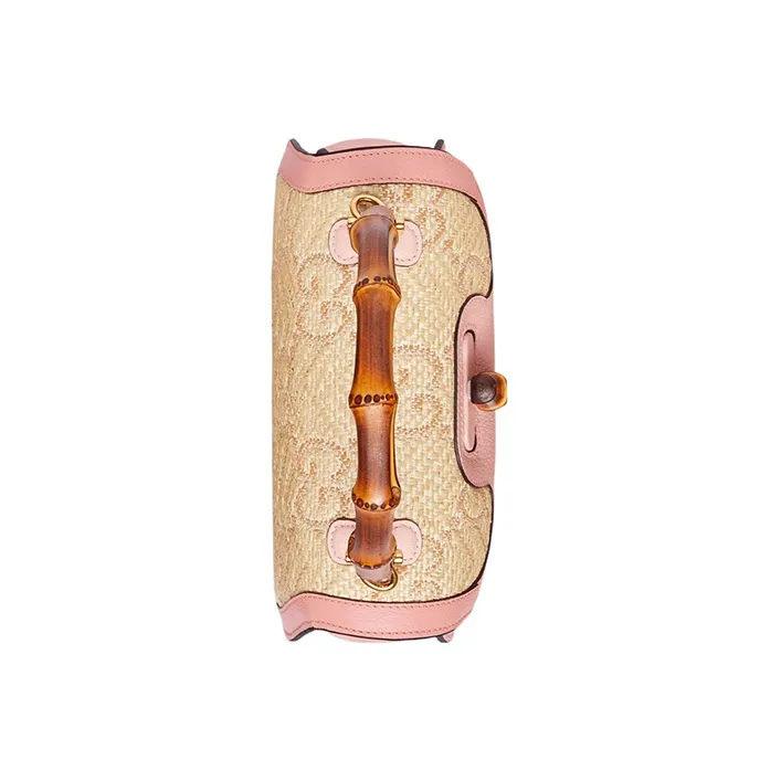 GUCCI Bamboo 1947 Raffia With Leather Shoulder Bag Crossbody Bag Handbag Small Size Women's Pink/Beige-6
