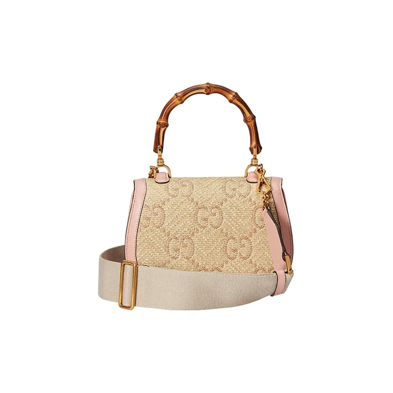 GUCCI Bamboo 1947 Raffia With Leather Shoulder Bag Crossbody Bag Handbag Small Size Women's Pink/Beige-4