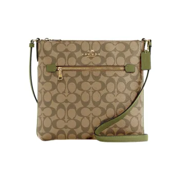 COACH Rowan Canvas With Leather File Bag Shoulder Bag Crossbody Bag Medium Size Women's Khaki & Olive Green