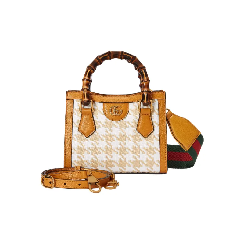 GUCCI Diana Raffia With Leather Trim Tote Bag Shopping Bag Shoulder Bag Crossbody Bag Handbag Mini Women's Beige/Orange-3