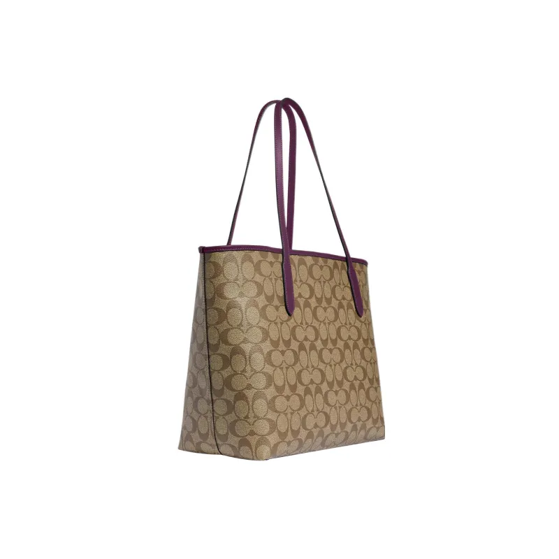 COACH City Canvas With Leather Tote Bag, Shopping Bag, Shoulder Bag, Handbag Tubas Women's Khaki-1