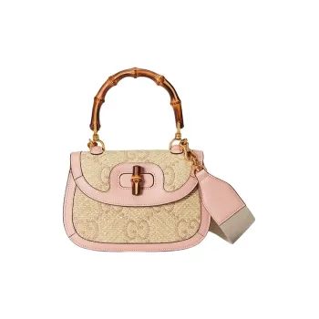GUCCI Bamboo 1947 Raffia With Leather Shoulder Bag Crossbody Bag Handbag Small Size Women's Pink/Beige