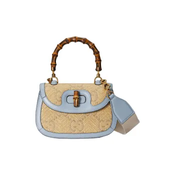 GUCCI Bamboo 1947 Raffia With Leather Shoulder Bag Crossbody Bag Handbag Small Size Women's Light Blue/Beige