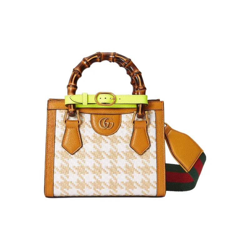GUCCI Diana Raffia With Leather Trim Tote Bag Shopping Bag Shoulder Bag Crossbody Bag Handbag Mini Women's Beige/Orange-1