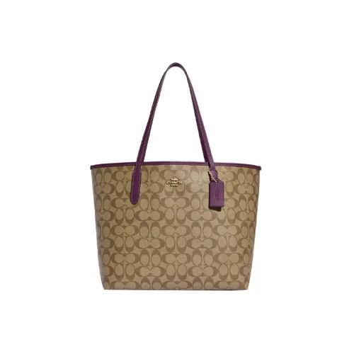 COACH City Canvas With Leather Tote Bag, Shopping Bag, Shoulder Bag, Handbag Tubas Women's Khaki
