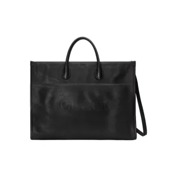 GUCCI Leather Tote Bag Shopping Bag Handbag Large Size Men's Black