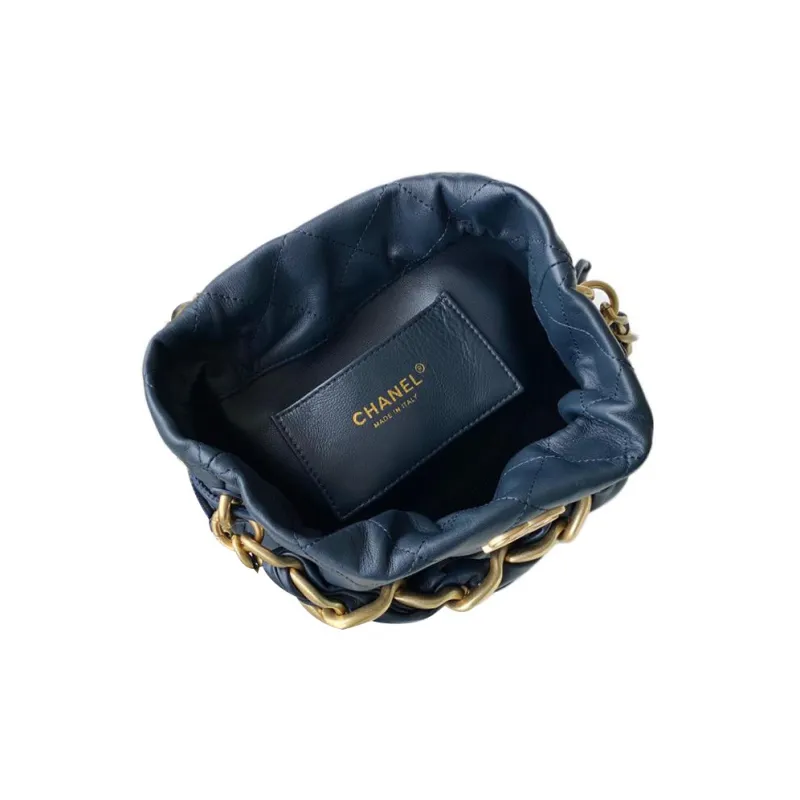 CHANEL Polished Lambskin And Metal Bucket Bag, Portable Crossbody Bag, Shoulder Bag Trumpets Women's Marine Blue-3