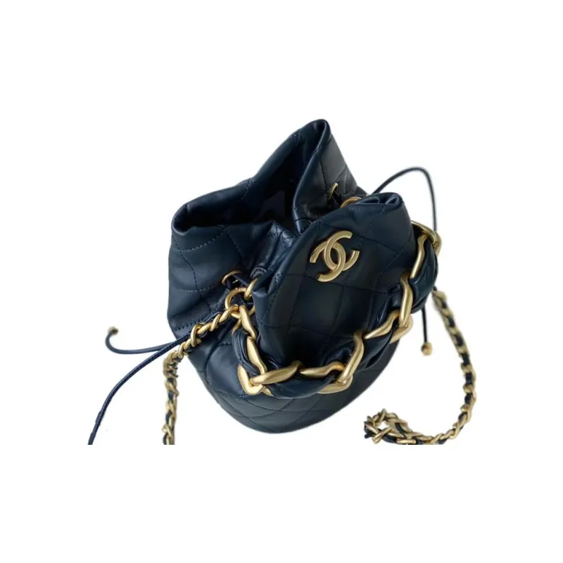 CHANEL Polished Lambskin And Metal Bucket Bag, Portable Crossbody Bag, Shoulder Bag Trumpets Women's Marine Blue-2