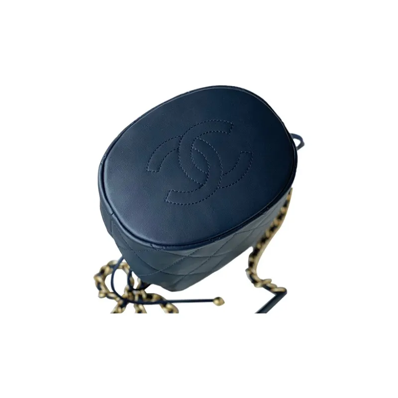 CHANEL Polished Lambskin And Metal Bucket Bag, Portable Crossbody Bag, Shoulder Bag Trumpets Women's Marine Blue-5