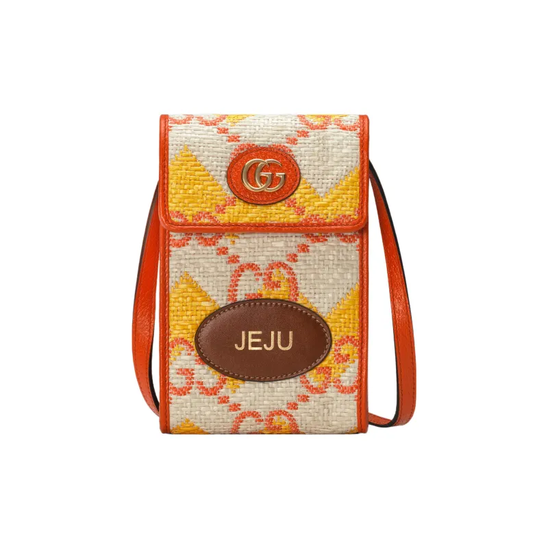 GUCCI Straw With Leather Trim Cell Phone Pouch Shoulder Bag Crossbody Bag Mini Women's Beige/Orange-0