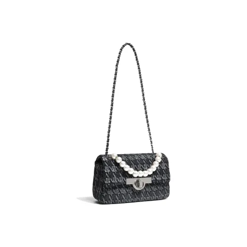 Miss Kung Cotton With Cow Leather Small Square Bag, Chain Bag, Pearl Bag, Shoulder Bag Small Size Women's Black