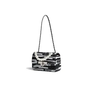 Miss Kung Cowhide Leather Pearl Bag, Small Square Bag, Handbag, Shoulder Bag, Crossbody Bag Small Size Women's Black