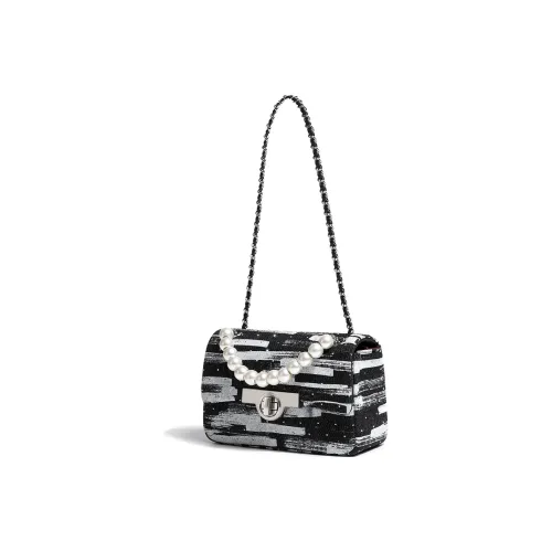 Miss Kung Cowhide Leather Pearl Bag, Small Square Bag, Handbag, Shoulder Bag, Crossbody Bag Small Size Women's Black