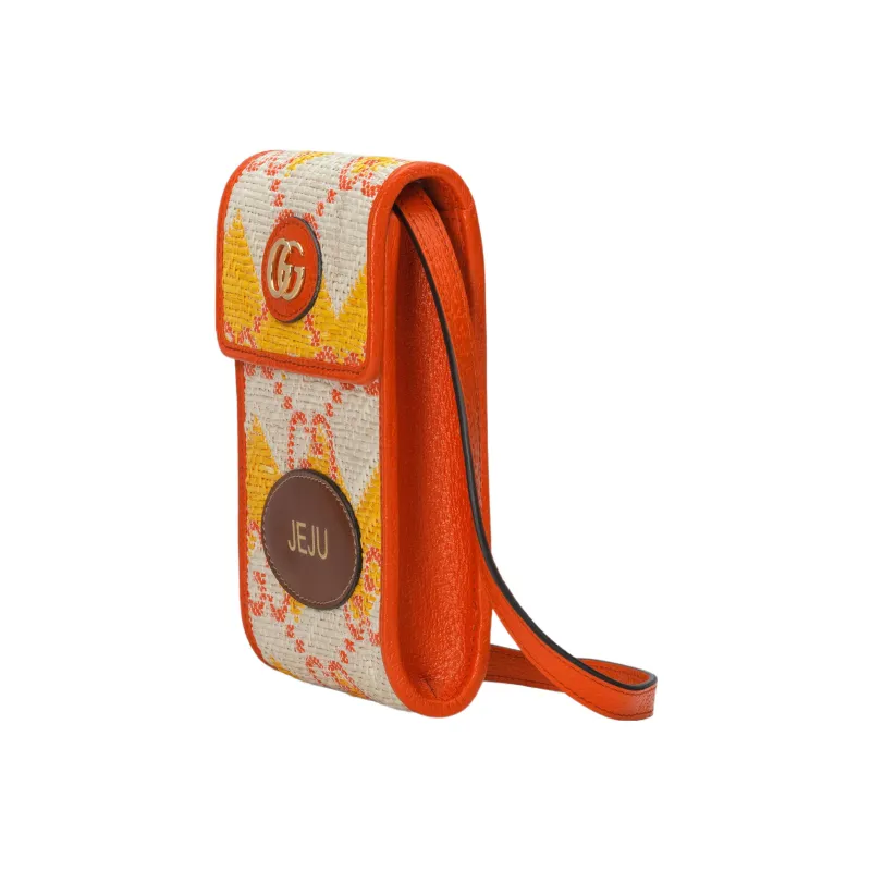GUCCI Straw With Leather Trim Cell Phone Pouch Shoulder Bag Crossbody Bag Mini Women's Beige/Orange-1