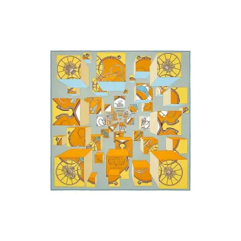 HERMES Silk Scarf Women's Gray/Orange/Bright Yellow