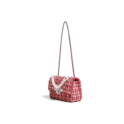 Miss Kung Cow Leather Small Square Bag Chain Bag Pearl Bag One Shoulder Handbag Small Size Women's Red