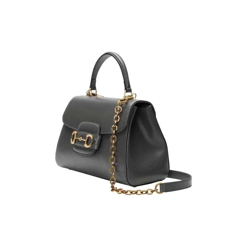 GUCCI Horsebit 1955 Leather Shoulder Bag Crossbody Bag Handbag Medium Size Women's Gray-3