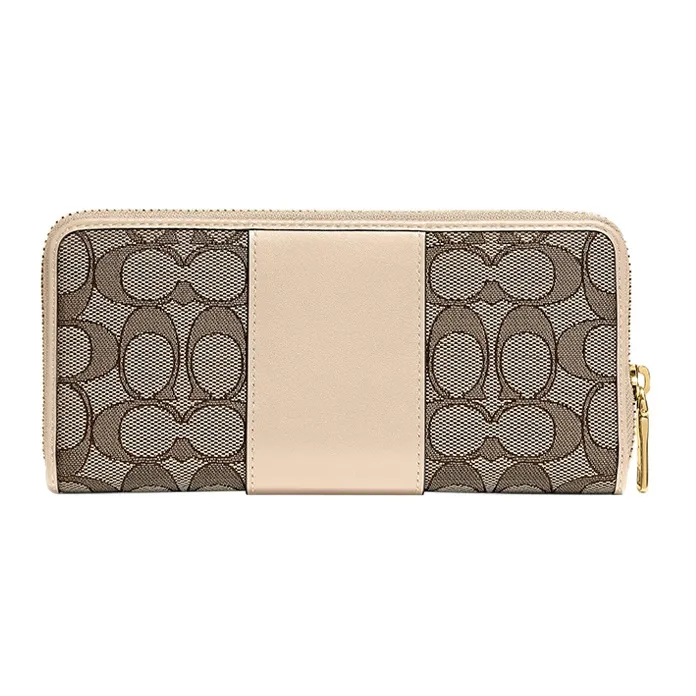 COACH Boxed Jacquard Fabric With Calfskin Card Holder Wallet Women's Gray/Nude Pink-1