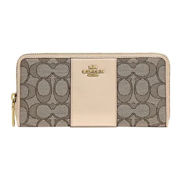 COACH Boxed Jacquard Fabric With Calfskin Card Holder Wallet Women's Gray/Nude Pink