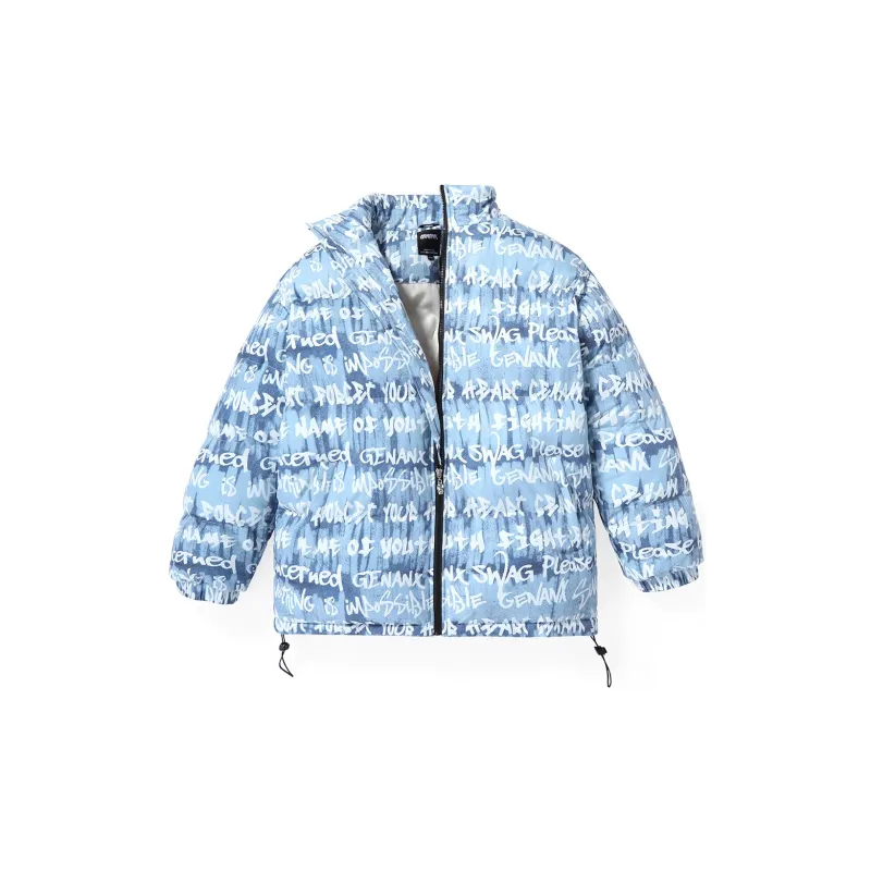 GENANX Stand Collar Loose Fit Puffer Jacket Unisex Print Blue-1