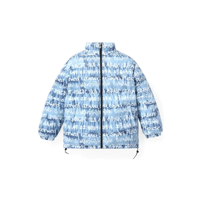 GENANX Stand Collar Loose Fit Puffer Jacket Unisex Print Blue-2
