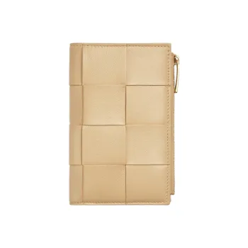 Bottega Veneta Sheepskin Cow Leather Patchwork Wallet Medium Size Women's Oat