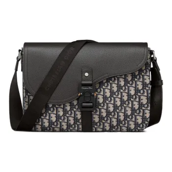 DIOR Oblique Print Grain Cow Leather Saddle Bag, Messenger Bag, Shoulder Bag, Crossbody Bag Men's Black & Beige