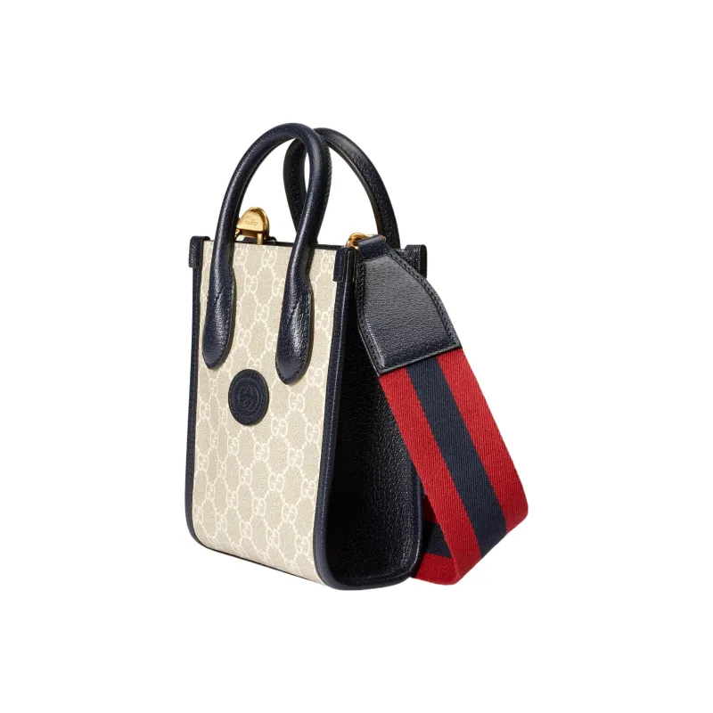 GUCCI Ophidia Canvas With Leather Tote Bag, Shopping Bag, Shoulder Bag, Crossbody Bag, Handbag Mini Men's Beige/Blue-2