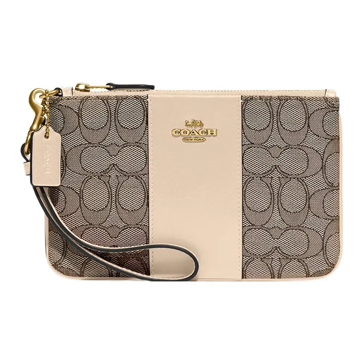 COACH Boxed Jacquard With Calfskin Clutch Wrist Bag Small Size Women's Gray/Nude Pink-0