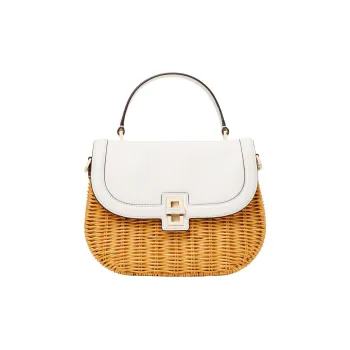 Kate Spade Rattan Cow Leather Patchwork Shoulder Bag Crossbody Bag Handbag Medium Size Women's White & Brown
