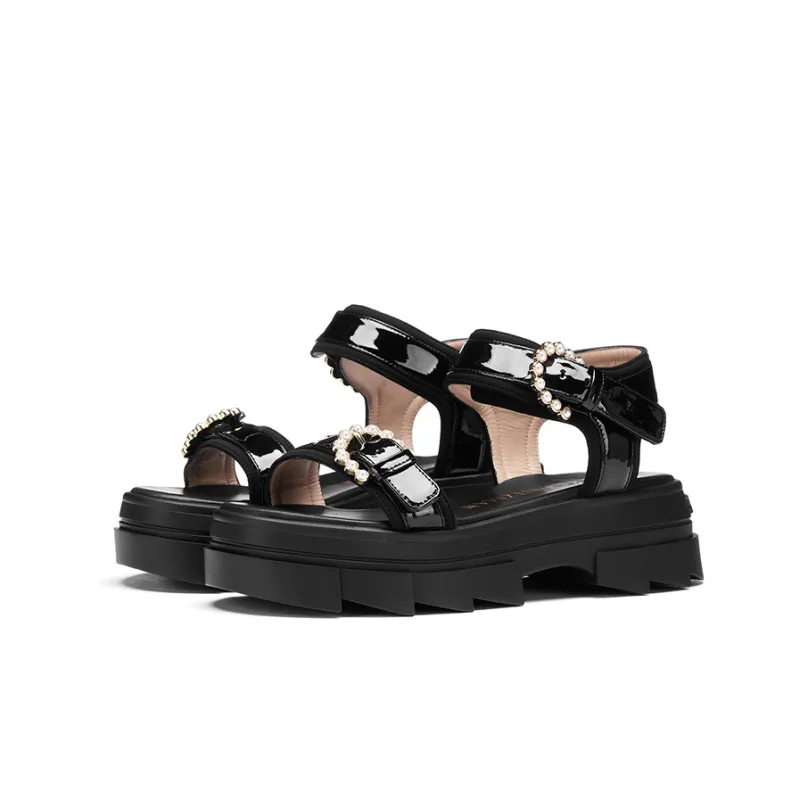 Stuart Weitzman/SW Noho Pearl Buckle Strap Sandals Women's Black POIZON Merch Folding Umbrella-3