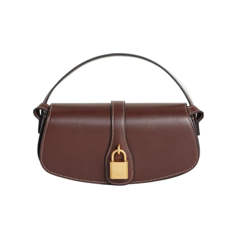 CELINE Smooth Calf Leather Lockhead Baguette Bag Shoulder Bag One Shoulder Handbag Crossbody Bag Mini Women's Burgundy-0