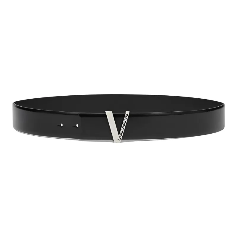 VERSACE Minimalist Style Solid Color V Letter Smooth Buckle Belt Men's Black Width: 4cm-1