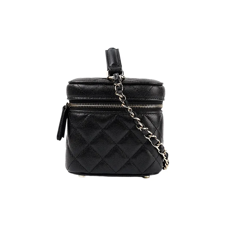 CHANEL 22SS Grain Embossed Cow Leather Box Bag, Makeup Bag, Shoulder Bag, Crossbody Bag, Handbag Trumpets Women's Black-2