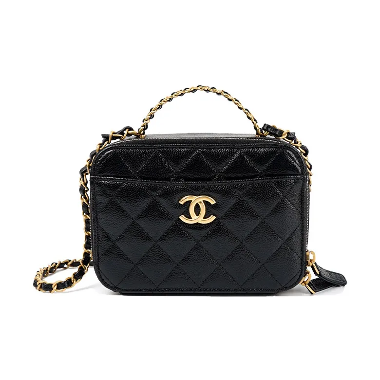 CHANEL Grain Embossed Cow Leather Box Bag, Makeup Bag, One Shoulder Handbag Trumpets Women's Black-0