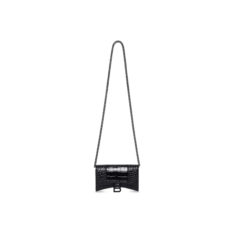 Balenciaga Hourglass Crocodile Pattern Embossed Cow Leather One Shoulder Crossbody Chain Wallet Women's Black-1