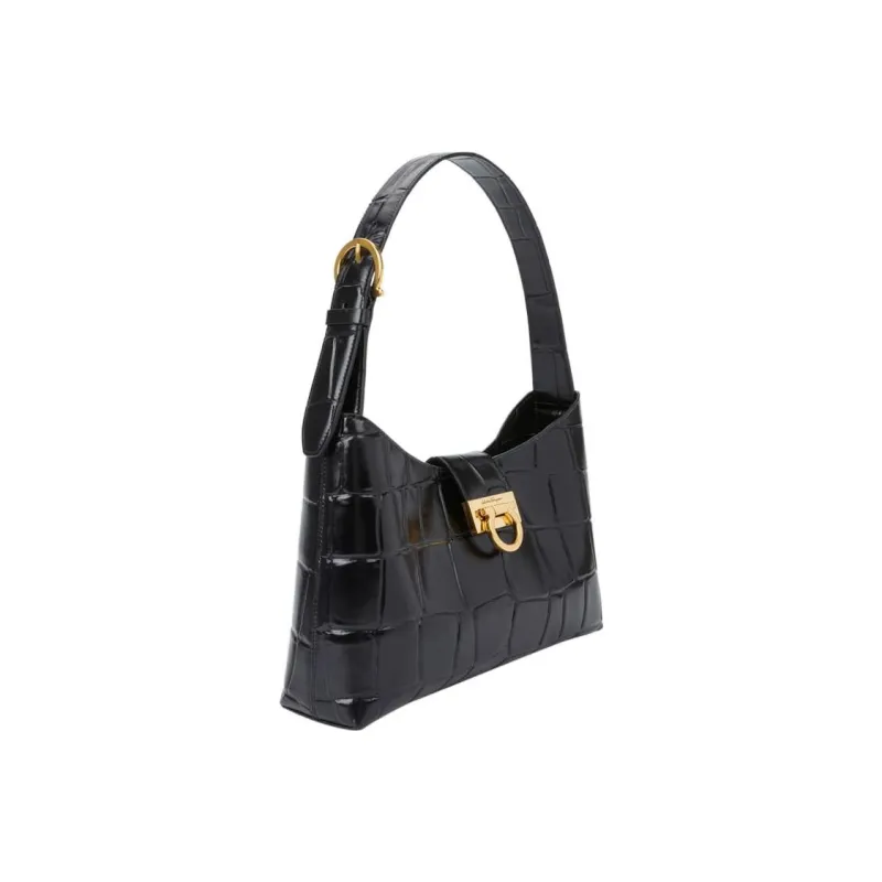 FERRAGAMO Trifolio Crocodile-Embossed Calfskin Handbag Shoulder Bag Women's Black-1
