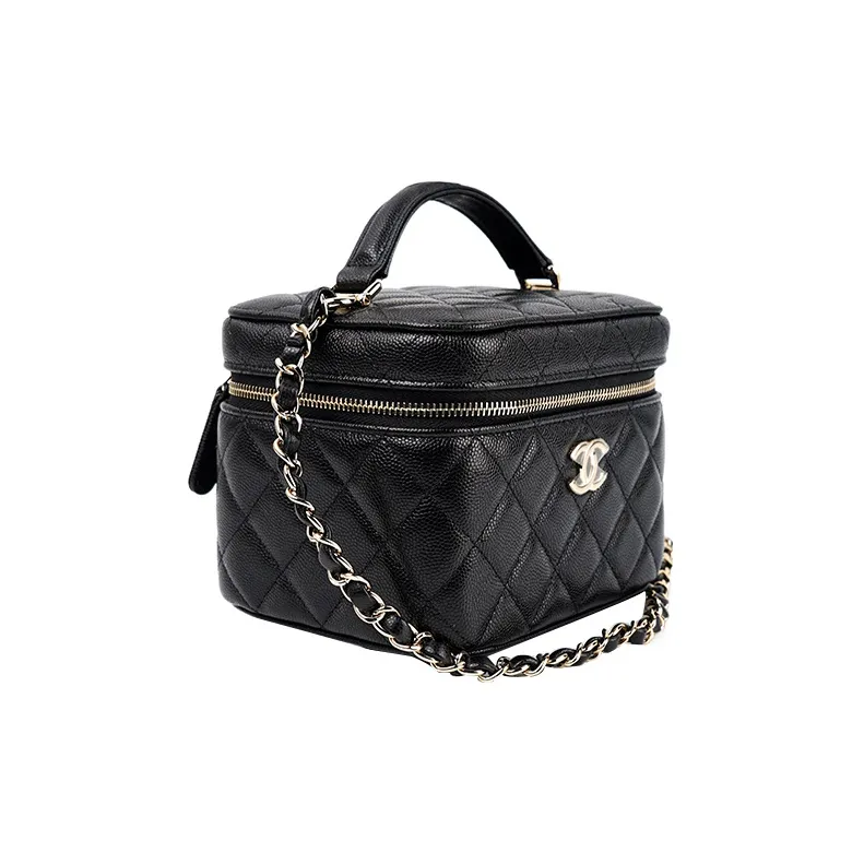 CHANEL 22SS Grain Embossed Cow Leather Box Bag, Makeup Bag, Shoulder Bag, Crossbody Bag, Handbag Trumpets Women's Black-1