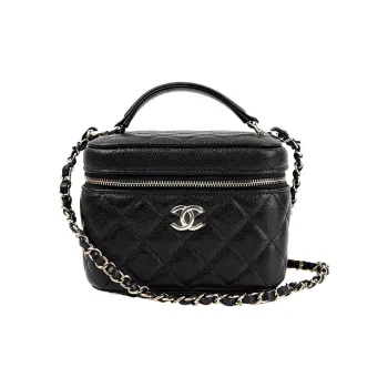 CHANEL 22SS Grain Embossed Cow Leather Box Bag, Makeup Bag, Shoulder Bag, Crossbody Bag, Handbag Trumpets Women's Black