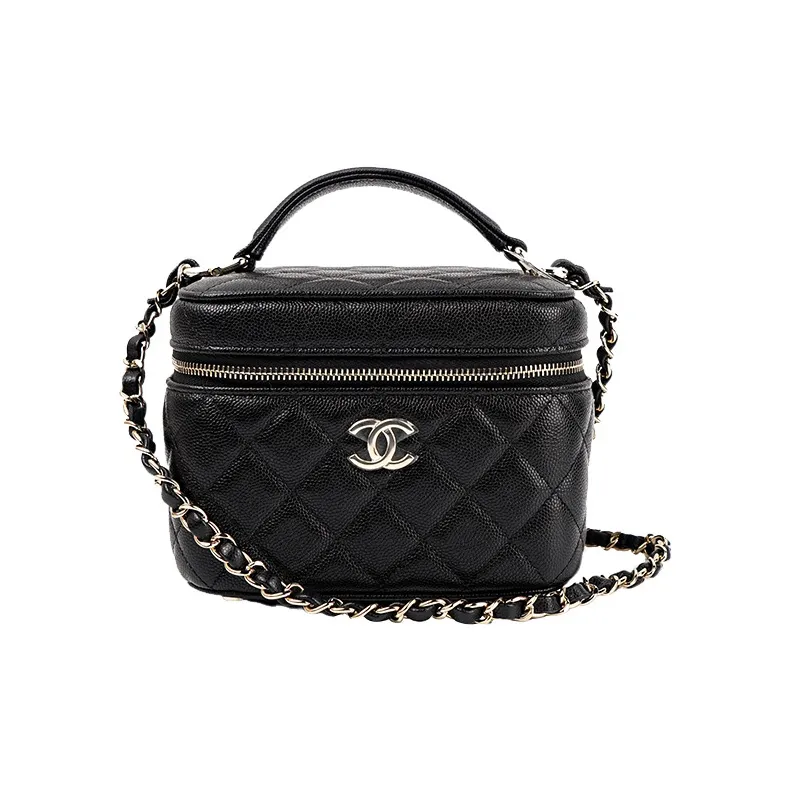 CHANEL 22SS Grain Embossed Cow Leather Box Bag, Makeup Bag, Shoulder Bag, Crossbody Bag, Handbag Trumpets Women's Black-0