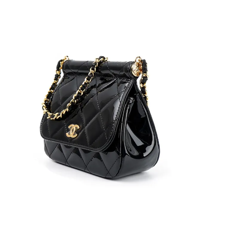 CHANEL 22K Autumn And Winter Calfskin Patent Leather And Gold Metal Crossbody Bags Women's Black-1