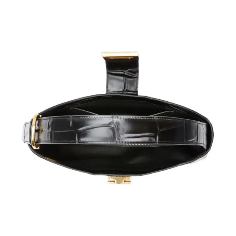 FERRAGAMO Trifolio Crocodile-Embossed Calfskin Handbag Shoulder Bag Women's Black-3